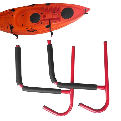 HURRISE Kayak Wall Hanger, Securely Store Kayak Wall Mount, Smooth, Upper Cradle Arms, Lower Hooks, Inside or Outside Use, Easily Access, for Paddle and Accessories (Red)