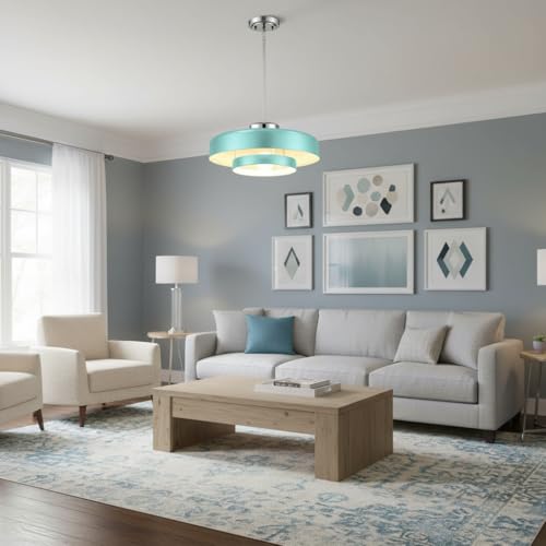Image of Turquoise Blue 2-Tier Drum Pendant Light, 13.8 inch Adjustable Height Modern Hanging Light Fixture, Chrome Finish Metal Ceiling Lamp for Kitchen Island Dining Room Bedroom