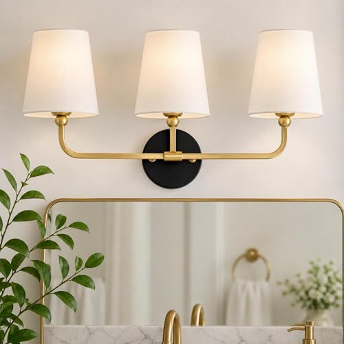 Image of Bathroom Light Fixtures, Black and Gold Vanity Lights with Flared White Fabric Shade, 3-Light Wall Sconce, Modern Sconces Wall Lighting for Hallway Bedroom, VL837-KG-3