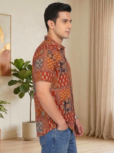 Image of Yash Gallery Men's Cotton Warli Print Shirt Collar Regular Shirt