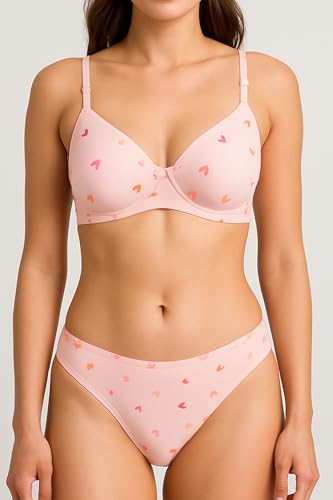 Image of Women Cotton Bra Panty Set | Padded Heart Print Non-Wired Full Coverage T-Shirt Bra with Panty || Comfortable Lingerie Set for Women & Girls|| Pink