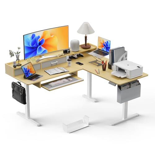 Image of WALKINGDESK 63 Inches L Shaped Standing Desk with Keyboard Tray and 2 Drawers, L Shaped Electric Standing Desk, Adjustable L Shaped Office Desk,Corner Standing Desk for Home Office, Oak