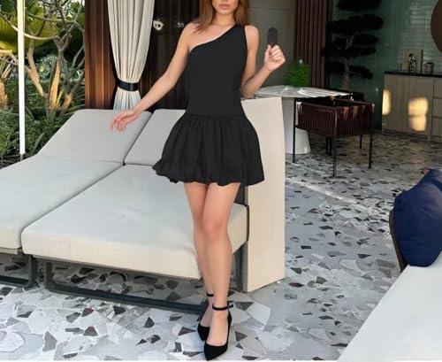 Women's Summer Sleeveless A-Line Flared Dress Bubble One Shoulder Ruffle Hem Mini Dresses4