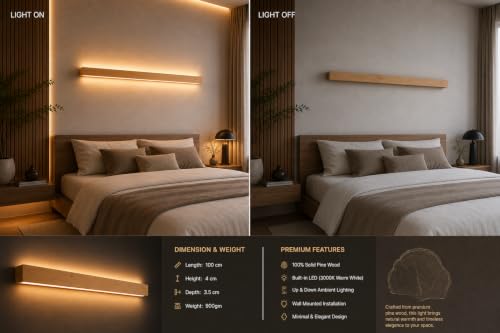 Image of EMON Premium Wooden LED Wall Light Bar 100cm | Modern Warm White Wooden Wall Lamp | Minimalist Decorative Light for Bedroom, Living Room, Staircase & Hotel Decor