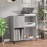 IKAYAA Mueble de Discos de Madera con Patas Metálicas 84,5x38x89 cm, Tocadiscos de Vinilo Stand, Estanteria CD, Mueble Tocadiscos, Mueble para Discos, Mueble para Vinilos, Gris Sonoma