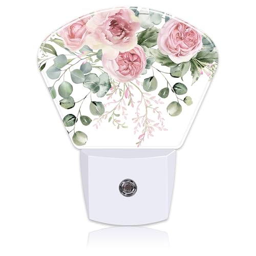 Image of Pink Flowers Plug in Night Lights, Eucalyptus Greenery Nightlight Plug Into Wall Dusk to Dawn Sensor for Kid Girls Boys Women Men Bedroom, Hallway, Kitchen, Bathroom, Stairs Decor