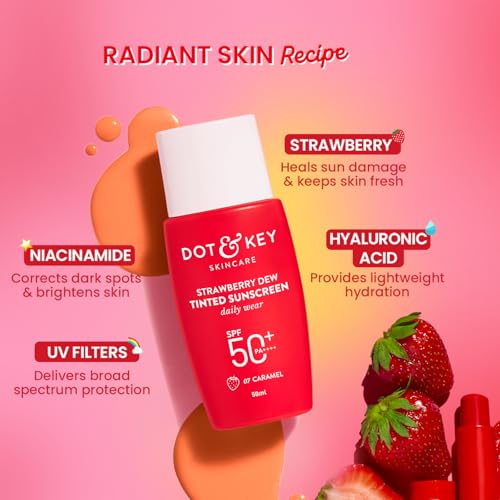 Image of Dot & Key Strawberry Dew Tinted Sunscreen SPF 50+ Pa++++ - 07 Caramel In-Vivo Tested | For Daily Wear, Brightens & Protects Skin, Ultra-light, Blends Easily, With Niacinamide, Natural Finish, Non-Greasy, Non-Sticky | 50ml