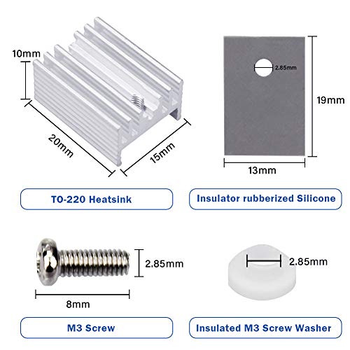 10 Packs TO-220 Aluminum Heatsink & Insulator/Mounting Kits for TO-220 MOSFET Transistor, TO-220 Heatsink + M3 Screw + Screw Washer + Insulator Rubberized Silicone (20mmx15mmx10mm)