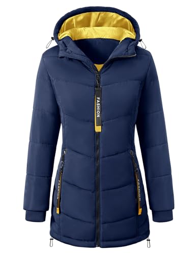 CMTOP Abrigos Mujer Invierno Abrigo Acolchada con Capucha Cálido Chaqueta Invierno Largo Casual Hoodie Parka Cremallera Cazadora Acolchada Prueba de Viento con Bolsillos(Azul oscuro, L)