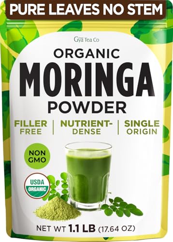 Gya Tea Co Organic Moringa Powder 1.1lb (17.64 Oz) – 100% Pure & Tasty Moringa Oleifera Leaf Powder – Superfood for Smoothies, Drinks, Tea, Recipes & Wellness – Non GMO, Gluten Free, Vegan