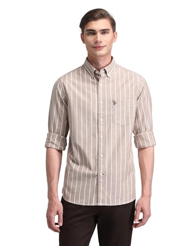Image of U.S. Polo ASSN. Men's Brown Striped Cutaway Collared Neck Full Sleeve Formal Cotton Regular Fit Shirt