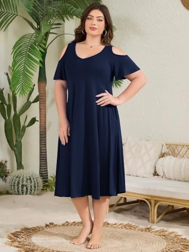Image of LARACE Plus Size Women Dress for Summer, Midi Women's Sundress, Casual V-Neck Short Sleeve Flowy T-Shirt Dresses with Pockets