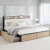 LIKIMIO King Bed Frame with 4 Storage Drawers, Platform Bed with Charged Headboard, Sturdy and Stable, No Noise, No Box Spring Needed, Easy Install, Wood and Cream