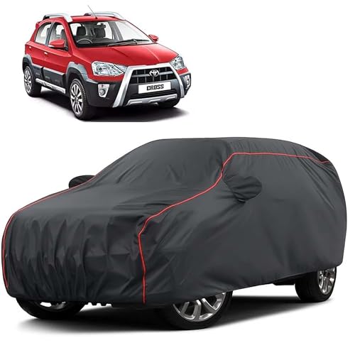 Image of Sulfar 100% Water Resistant Car Body Cover Compatible with Mirror for Toyota Etios Cross (Triple Stitched, Full Bottom Elastic, Dark Grey Taffeta with Red Piping)