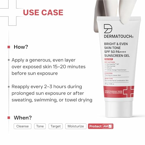 Image of DERMATOUCH Bright & Even Skin Tone SPF 50 PA++++ Sunscreen Gel with Dermawhite WF, Niacinamide, Arbutin | Help Reduce Tanning & Uneven Skin Tone | Broad Spectrum UV Protection | Lightweight Gel | 25g