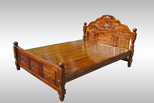 Image of Wooden cot Without Storage Teak Finish (Brown) (Queen)