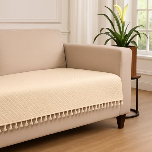 Image of Roseate Quilted Velvet Sofa Cover (3 Seater / 70 inchx27 inch) Sofa Protector for Living Room /Bedroom interiors (Beige) with Tassels