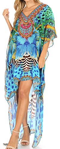 Sakkas P7 - HiLowKaftan Laisson Hi Low Caftan Dress Top Cover/Up Fit with Printed Pattern - ST37-Turq - OS