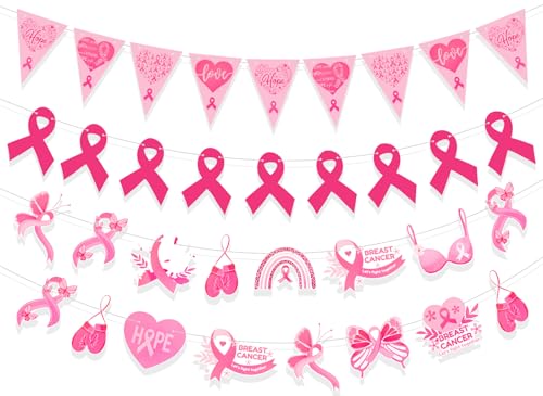 HOWAF 4pcs Conciencia del Cáncer de Mama Banderola Lazo Rosa con Purpurina y Esperanza y Fe para Decoraciones de Concienciación del Cáncer de Mama