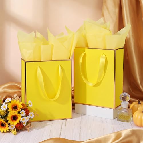 Image of Yeaqee 24 Pack Metallic Paper Gift Bags, Yellow, Gold | with Satin Ribbon Handle and Tissue, 9x7x3.1 Inch, Suit Business, Birthday, Christmas, Thank You Return Gifts Bags