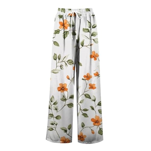 Summer Pants for Women Loose Floral Elastic High Waist Drawstring Wide Leg Pants Lounge Beach Palazzo Trousers with Pockets3