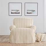 SureFit Heavyweight Cotton Duck T-Cushion Chair Slipcovers, Printed Heavyweight Cotton Chair Cover, One Piece Design, Armchair Cover with Seat Elastic and Corner Ties, Natural with Blue Stripe