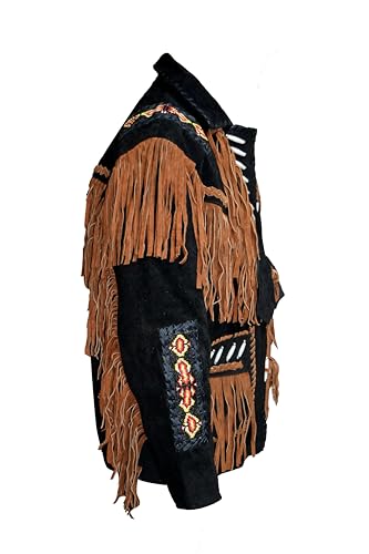 Mens Traditional Western Jacket | Black Native American Cowboy Style | Suede Leather With Fringes Beads Bones4