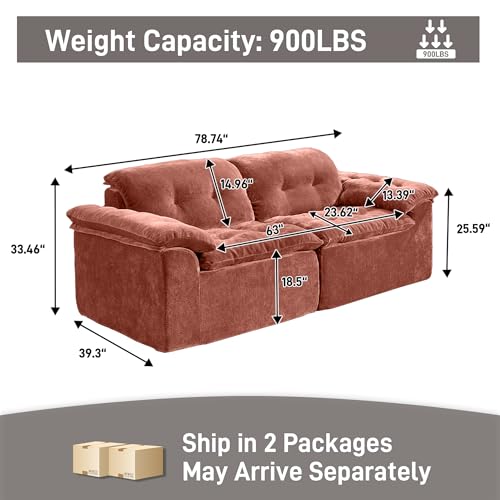 Image of Oversized Modular Sectional Sofa, Large Modern Boneless Couch with Seat Cushion, Chenille 2 Seat Sofa Set for Living Room, Apartments, No Assembly Required, Orange