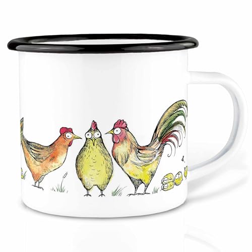 Ligarti Emaille Tasse (leicht & robust) | Camping Becher handveredelt in Deutschland | Trinkbecher für Kinder, Kaffeetasse, Emaillebecher | Fuchs, Hühner
