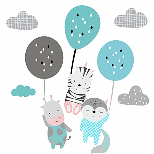 greenluup Pegatinas para habitación infantil, animales en globo, sostenible, adhesivo de pared para pared, globo de aire caliente, para niños, niñas, habitación de bebé, (azul, S) Cover