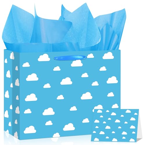 Blue Sky White Clouds Gift Bag Story Birthday Party Favor Bags with Tissue Paper Card Cartoon Story Wrapping Paper Bag Story Themed Goodie Bags for Boys Girls Kids Baby Shower Birthday Party Supplies