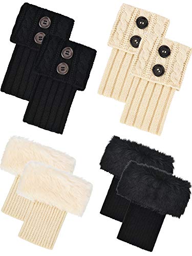 Pangda 4 Pairs Women Furry Boot Cuffs Cable Knit Button Boot Socks Leg Warmer(Beige, Black)