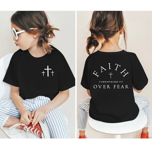 Image of Girl's Faith Over Fear Shirt Christian Bible Verse Shirts Cross Graphic Tees for Tween Girls Kid Inspirational Tops
