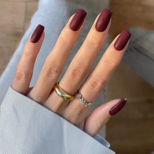 Red Wine Press on Nails Medium Coffin,KXAMELIE Glossy Glue on Nails Square Shape Acrylic Nails Press on with Solid Color Fake Nails Set for Women Girls Daily Wear in 24PCS