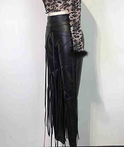 xxxiticat Women's Lace Up Bandage Trousers Mid Waist PU Faux Leather Tassel Fringe Criss Cross Drawstring Bodycon Pants4