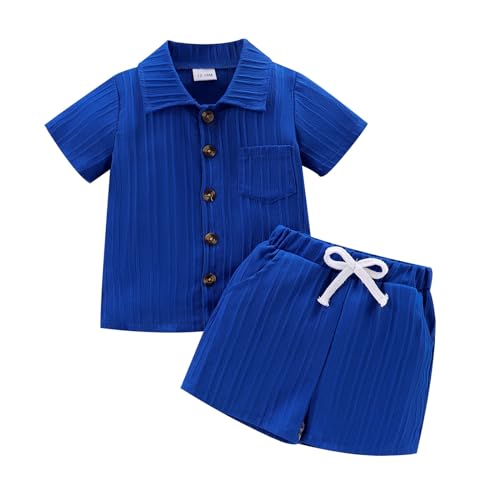 TOKIAGO 18-24 Month Boy Clothes Baby Ribbed Button Shirt + Shorts Dark Blue
