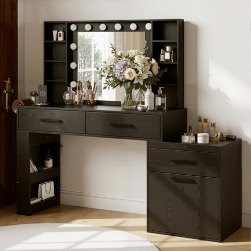 MALOL Vanity Desk with Mirror and Lights, Makeup Vanity with Lights 3 Colors, Vanity Table with 3 Drawers, 6 Shelves, 2 Side Shelves, Large Telescoping Side Cabinet, Power Outlet for Bedroom, Black