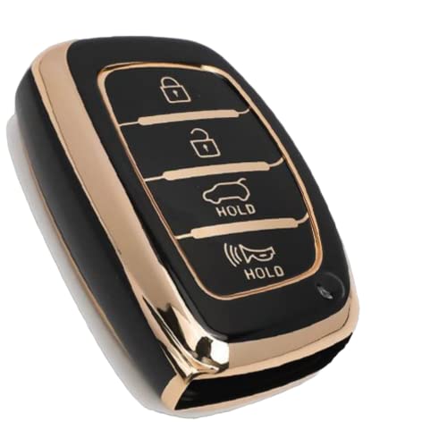 Image of TPU Car Key Cover Black & Golden Compatible for Hyundai Creta, Venue, I20 (2021),Elantra, Tucson (Hyundai, 4 Button Push Smart Key)