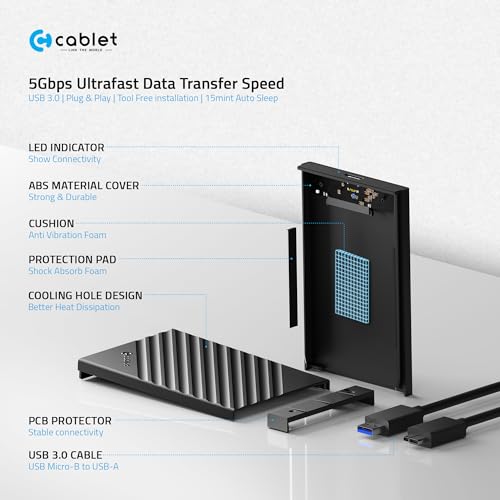 Image of Cablet 2.5 Inch SATA USB 3.0 HDD /SSD 5Gbps Speed Portable External Enclosure for 7mm and 9.5mm, Tool-Free Design, Supports UASP Max 6TB (HD2599-U3 (USB 3.0))