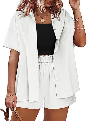 IN'VOLAND Womens Plus Size Linen Sets 2 Piece Outfits Summer Beach Set Short Sleeve Shirt and Elastic Waist Shorts Casual Tracksuits White,22W