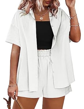 AMAZON - IN’VOLAND Womens Plus Size Linen Sets 2 Piece Outfits Summer Beach Set Short Sleeve Shirt and Elastic Waist Shorts Casual Tracksuits White,24W