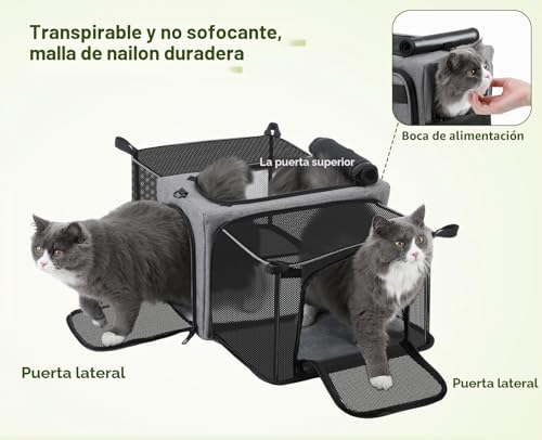 Miniatura 5 de Pecute Transportín Para Gatos Extensible, Aprobado Por Aerolíneas, Bolso Suave Transpirable Hasta 5kg 12lbs, Plegable Para Viajes, Aire Libre Y Camping, Gris
