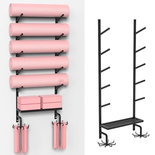 Soporte de pared para esterilla de yoga, estante de almacenamiento con estante flotante y ganchos para organizar accesorios de gimnasio y equipo de entrenamiento