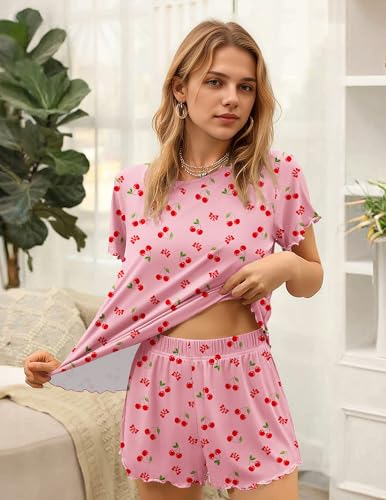 Image of Ekouaer Womens Pajamas 2 Piece Ribbed Knit Pjs Short Sleeve Sleepwear Set Summer Soft Pajamas Set Casual Lounge Sets