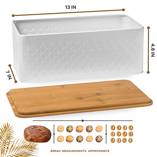 White Bread Box For Kitchen Countertop - Bread Box With Bamboo Wood Cutting Board Lid - Farmhouse White Bread Boxes - Metal Large Bread Box Modern Style To Extend Freshness - Bread Storage Container #TOP3