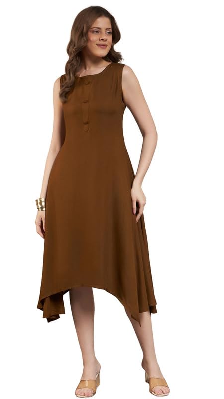 Cotton Solid A-Line Midi Dress for Women | Sleeveless Round Neck Kurti | Summer Kurta for Girls | Long Top for Ladies | Dresses for Women Western with Front Button Detail-image-36