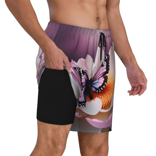 Pink Butterfly Men's Soft Double Swim Shorts, Lounge Swiming Shorts Pants Breathable Summer3