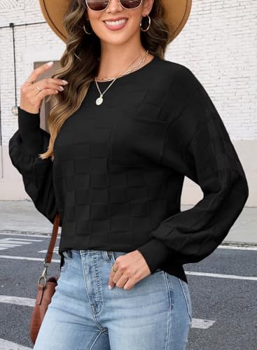 QACOHU Women's Fall Sweaters 2025 Crewneck Long Sleeve Casual Lightweight Checkered Knit Pullover Sweater Tops3