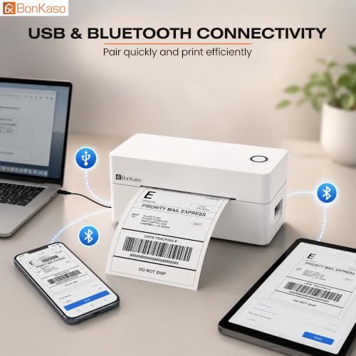 Image of BonKaso BKT01 Thermal Label Printer 203DPI Direct Thermal Shipping Bill Printer 160mm /s High Speed USB Bluetooth WiFi Compatible for Barcode Label Receipt Tag Paper Small Business White