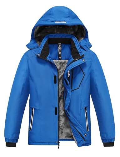 MoFiz Boy's Waterproof Ski Snow Jacket Winter Hooded Coat Thicken Fleece Lined Outdoor Windproof Jackets for Sking Hiking Camping School14-16 Years Blue Size L